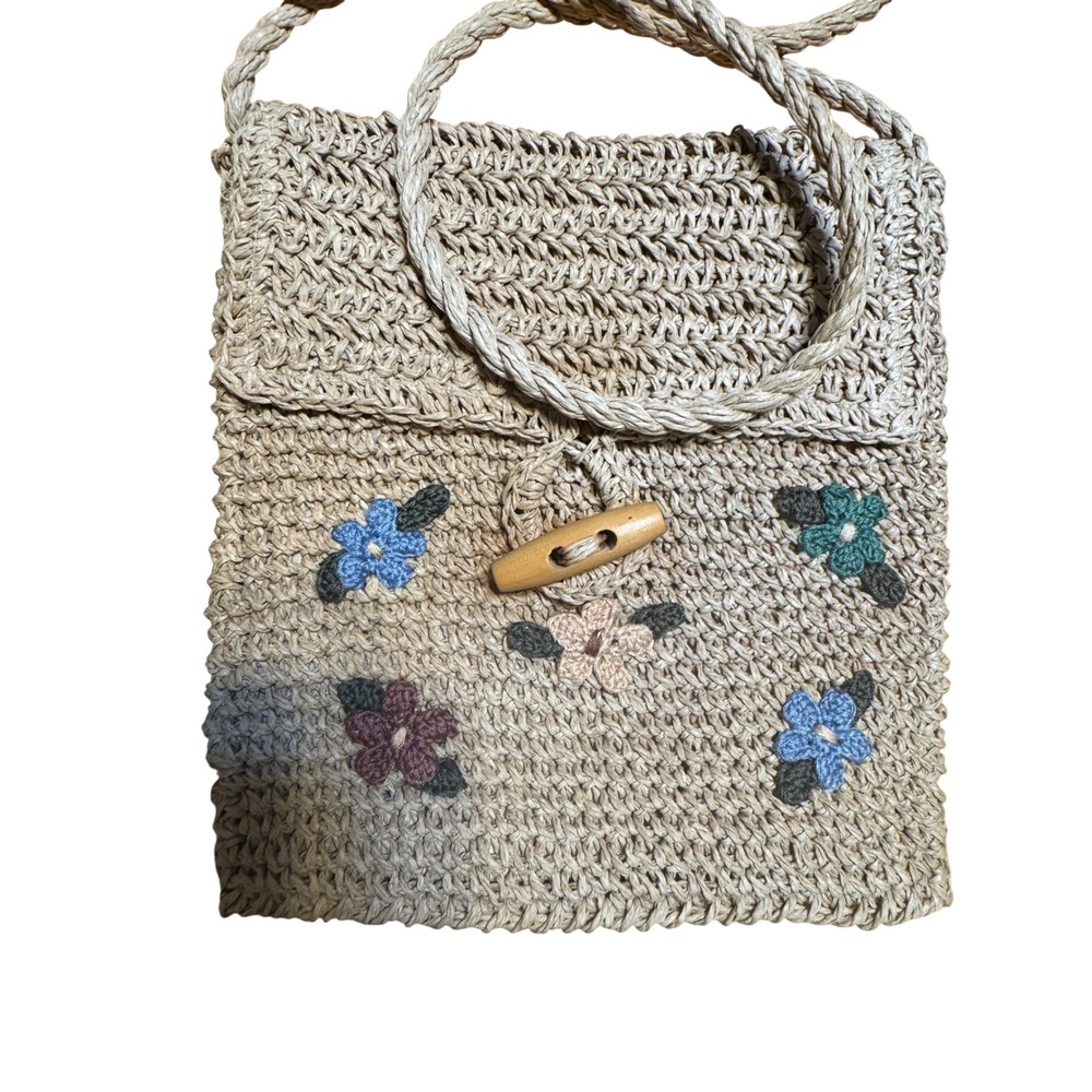 Woven Straw Floral Embroidered Crossbody Bag Beige Boho Summer bag Toggle Close